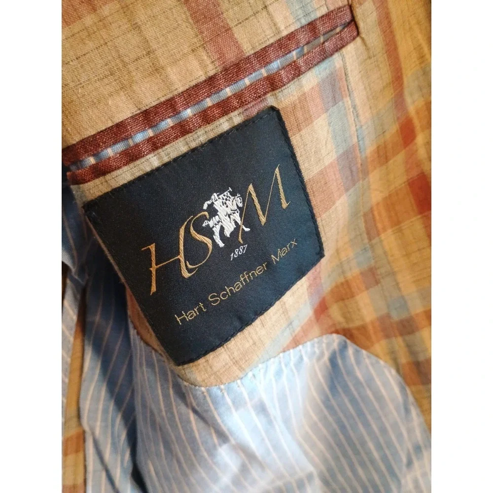 Hart Schaffner Marx Brown Blue Red Yellow 46L Plaid Blazer Coat Jacket